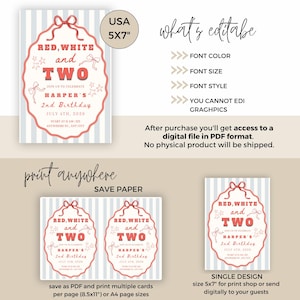 May include: A digital invitation design for a second birthday, featuring red, white, and blue colors. The invitation is in a 12.7cm x 17.8cm format and includes the text "RED, WHITE and TWO" and event details. The design is editable.