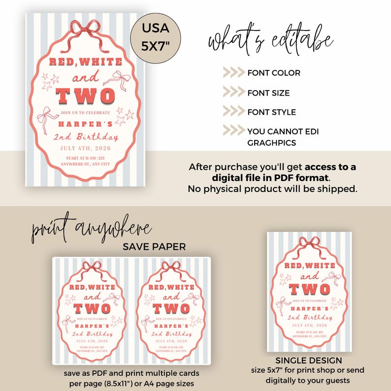 May include: A digital invitation design for a second birthday, featuring red, white, and blue colors. The invitation is in a 12.7cm x 17.8cm format and includes the text "RED, WHITE and TWO" and event details. The design is editable.