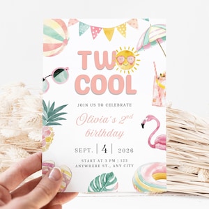 May include: A rectangular birthday invitation card featuring watercolor illustrations of a beach ball, sunglasses, a sun, a cocktail, a flamingo, a pool float, and tropical leaves. The text reads TWO COOL, JOIN US TO CELEBRATE, Olivia's 2nd birthday, SEPT. 4 2026, START AT 3 PM, 123 ANYWHERE ST., ANY CITY.