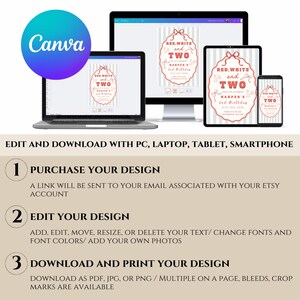 May include: A digital design displayed on a laptop, desktop monitor, tablet, and smartphone. The design features the text "RED, WHITE and TWO" and "HARPER'S 2nd Birthday." Instructions for editing and downloading are also included.