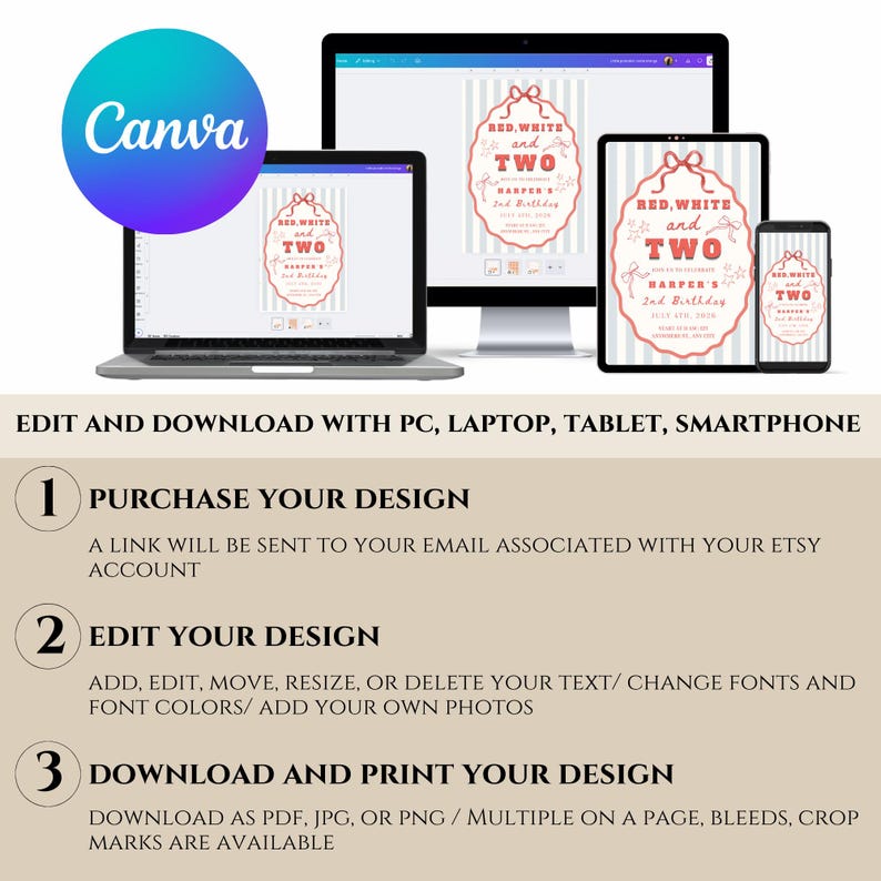 May include: A digital design displayed on a laptop, desktop monitor, tablet, and smartphone. The design features the text "RED, WHITE and TWO" and "HARPER'S 2nd Birthday." Instructions for editing and downloading are also included.