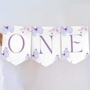Striscione per seggiolone "Un anno svolazzante" per il primo compleanno, decorazione per il primo compleanno con farfalle modificabile, striscione per la festa del primo compleanno fantasioso, Canva