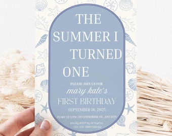 The Summer I Turned One-uitnodiging, strand eerste verjaardagsuitnodiging, bewerkbare zee verjaardagsuitnodiging, 1e verjaardag zomeruitnodiging