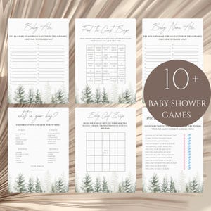 Zestaw gier na baby shower w zimowym lesie, pakiet aktywności świątecznych w zimowej krainie czarów, edytowalny szablon gier na baby shower dla chłopca