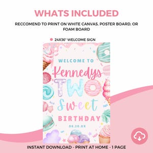 Puede incluir: Un colorido letrero de bienvenida de cumplea&ntilde;os con el texto "Welcome to Kennedys Two Sweet Birthday" y la fecha 08.20.XX. El letrero presenta ilustraciones de conos de helado, donas y otros dulces. El letrero mide 61x91 cm.