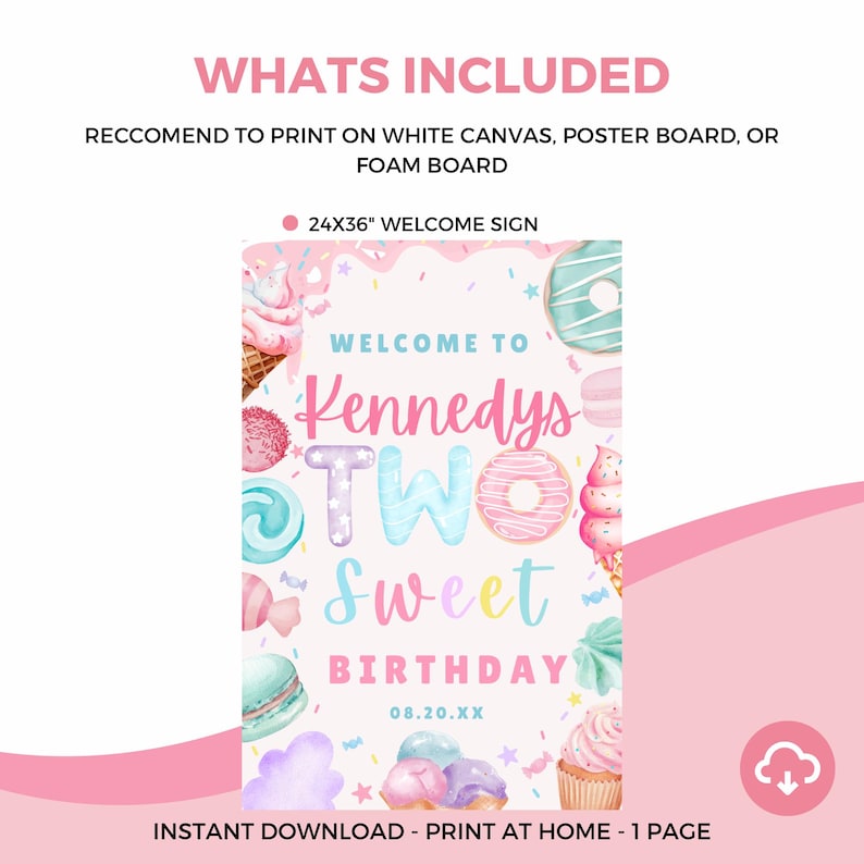 Puede incluir: Un colorido letrero de bienvenida de cumplea&ntilde;os con el texto "Welcome to Kennedys Two Sweet Birthday" y la fecha 08.20.XX. El letrero presenta ilustraciones de conos de helado, donas y otros dulces. El letrero mide 61x91 cm.