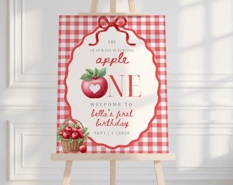 Welkomstbord voor de eerste verjaardag met het thema "Apple of Our Eye", Feestbord voor de eerste verjaardag met appelmotief, Bewerkbare herfstdecoratie voor de eerste verjaardag, Genderneutrale eerste verjaardag