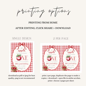 Op de afbeelding: Een digitaal verjaardagsuitnodigingssjabloon met een rood-witte gingham achtergrond, een rode lintrand en een appelillustratie met een hart. De tekst bevat afdrukopties, instructies en de zin The apple of our eye is turning one.