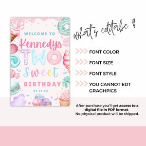 Puede incluir: Un letrero digital de fiesta de cumplea&ntilde;os con un tema dulce. El letrero dice "Welcome to Kennedys Two Sweet Birthday" con ilustraciones coloridas de donas, conos de helado y dulces. Tambi&eacute;n se incluye el texto "what's editable?".