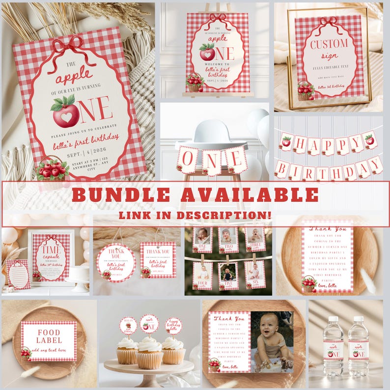 Op de afbeelding: Een set verjaardagsfeestdecoraties met een rood-wit ruitpatroon, appelillustraties en tekst waaronder "The apple of our eye is turning one", "Happy Birthday", "Time Capsule", "Food Label" en "Thank You" voor een eerste verjaardag.