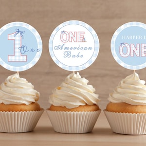 May include: Three cupcakes with blue and white gingham cupcake toppers. The toppers say "One", "One American Babe", and "Harper is One".