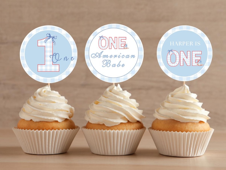 May include: Three cupcakes with blue and white gingham cupcake toppers. The toppers say "One", "One American Babe", and "Harper is One".