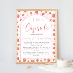 Berry First Birthday Time Capsule Sign Template, Pink Strawberry Birthday Printable Sign Personalized Time Capsule First Birthday Card