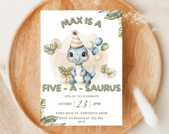 Five-A-Saurus Birthday Invitation, T-Rex 5th Birthday Dinosaur Invite, T-Rex Dino Birthday, Boys 5th Birthday Party Invitations