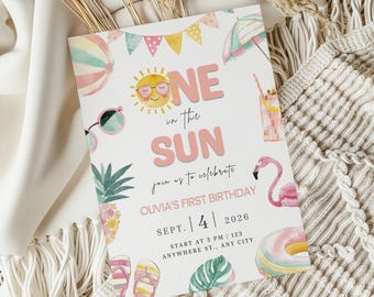 One In The Sun 1st Birthday Invitation Template, Editable Girl First Birthday Pool Party Invite, Summer Birthday Girl Digital Invitation