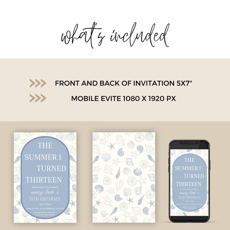 Pode incluir: Um conjunto de convites com tema de praia, com um esquema de cores azul claro e creme. O design inclui um convite frente e verso, um convite m&oacute;vel e o texto "The Summer I Turned Thirteen".