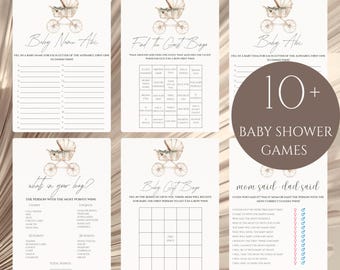 May include: A set of baby shower game cards in cream with vintage pram illustrations. Games include "Baby Name," "Find the Guest Bingo," and "What's in Your Bag?" The text "10+ Baby Shower Games" is displayed. The cards are designed for a baby shower.