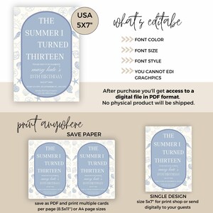 Pode incluir: Convite digital com um design de conchas azuis e brancas. O texto diz "The Summer I Turned Thirteen" com detalhes do evento. O convite tem 12,7 x 17,8 cm e pode ser impresso ou enviado digitalmente.