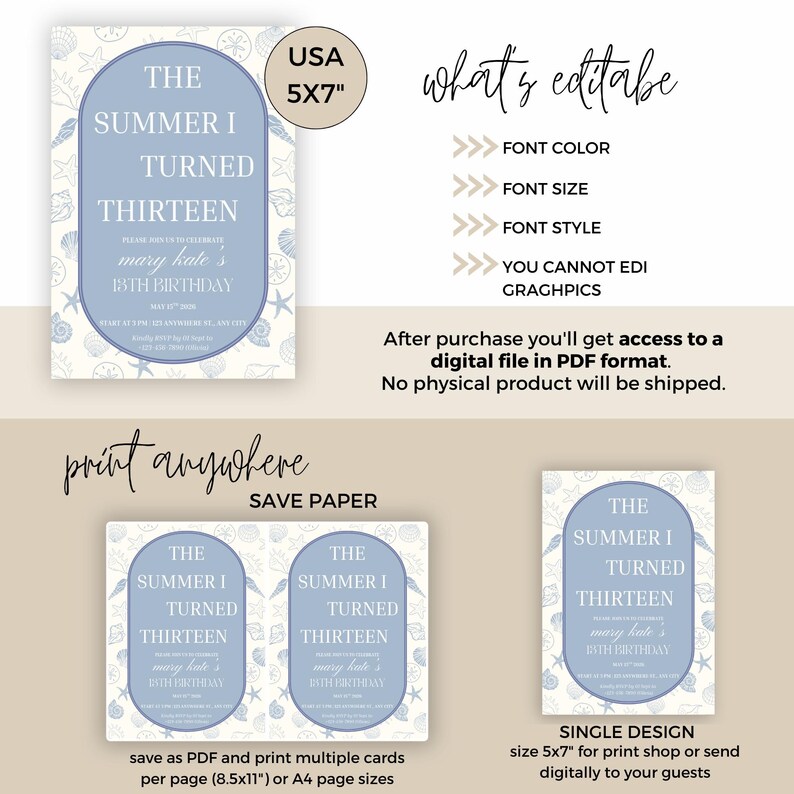Pode incluir: Convite digital com um design de conchas azuis e brancas. O texto diz "The Summer I Turned Thirteen" com detalhes do evento. O convite tem 12,7 x 17,8 cm e pode ser impresso ou enviado digitalmente.