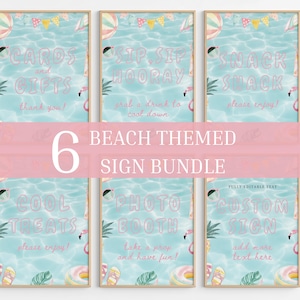 May include: A set of six vertical rectangular signs with a light blue swimming pool water background, featuring pink text and illustrations of beach balls, flamingos, and flip-flops. The signs display text including CARDS and GIFTS, SIP, SIP HOORAY, SNACK SHACK, COOL TREATS, PHOTO BOOTH, and CUSTOM SIGN.