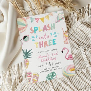 May include: A rectangular birthday invitation card featuring colourful watercolour illustrations of a flamingo, pineapple, beach ball, flip-flops, and bunting. The text reads: SPLASH into THREE, JOIN US TO CELEBRATE, olivia's 3rd birthday, SEPT. 4 2026, START AT 3 PM, 123 ANYWHERE ST., ANY CITY.