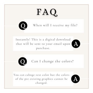 Op de afbeelding: Een vierkante FAQ-afbeelding met een lichtbeige achtergrond en zwarte tekst. Het bevat twee vragen gemarkeerd met zwarte cirkels met de letter Q en twee antwoorden gemarkeerd met zwarte cirkels met de letter A, met uitleg over digitale bestandslevering en aanpassingsmogelijkheden.