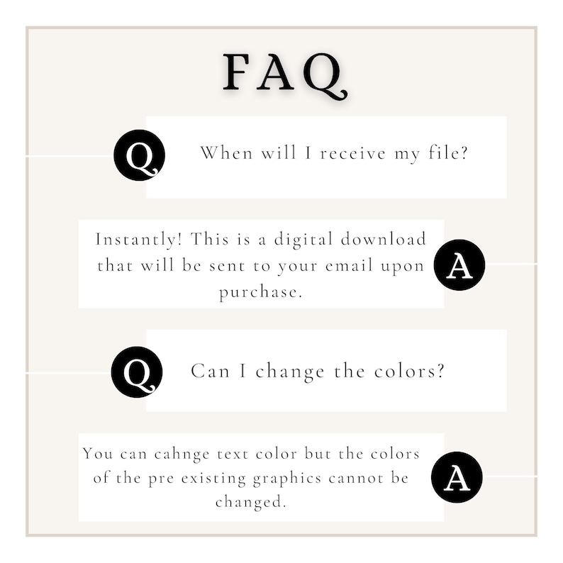 Op de afbeelding: Een vierkante FAQ-afbeelding met een lichtbeige achtergrond en zwarte tekst. Het bevat twee vragen gemarkeerd met zwarte cirkels met de letter Q en twee antwoorden gemarkeerd met zwarte cirkels met de letter A, met uitleg over digitale bestandslevering en aanpassingsmogelijkheden.