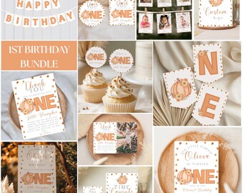 May include: A collection of fall-themed party decorations and stationery. Includes a banner that says "Happy Birthday", cards, cupcake toppers, and signs with pumpkin and floral designs. The color scheme is orange and white.