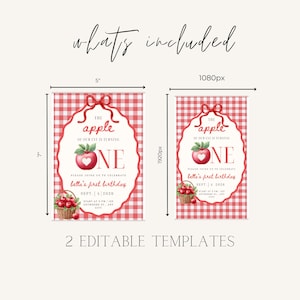 Op de afbeelding: Twee bewerkbare verjaardagsuitnodigingssjablonen met een rood-witte gingham achtergrond, een rode strik en een appelillustratie. De tekst luidt: The apple of our eye is turning one, please join us to celebrate Bella's first birthday, Sept. 4 2026. De afmetingen zijn 5 inch bij 7 inch en 1080px bij 1920px.