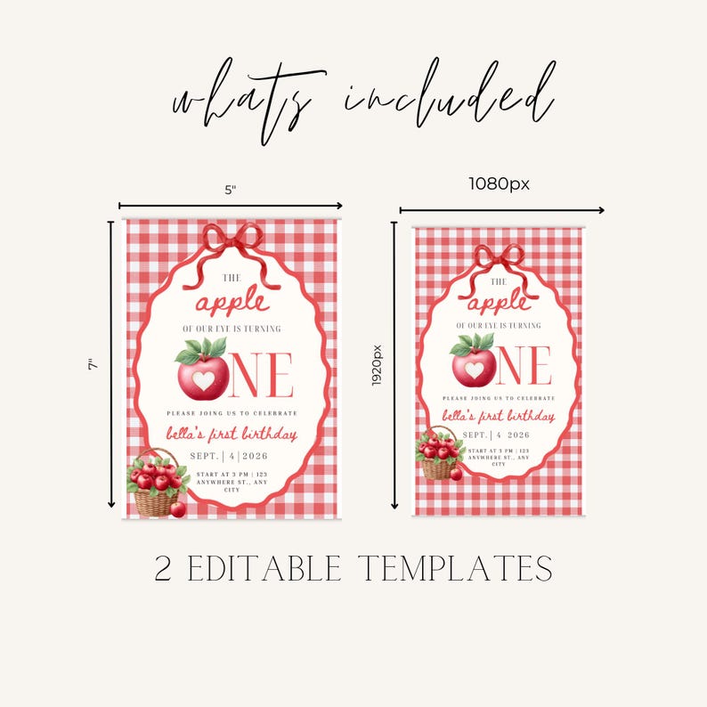 Op de afbeelding: Twee bewerkbare verjaardagsuitnodigingssjablonen met een rood-witte gingham achtergrond, een rode strik en een appelillustratie. De tekst luidt: The apple of our eye is turning one, please join us to celebrate Bella's first birthday, Sept. 4 2026. De afmetingen zijn 5 inch bij 7 inch en 1080px bij 1920px.