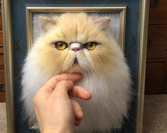 May include: A framed needle felted portrait of a white and orange Persian cat with yellow eyes. The cat's face is framed in a blue and gold frame.