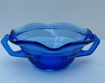 Rare Hazel Atlas Cobalt Blue Moderntone Ruffled Two Handled Bowl