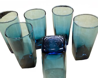 6 Anchor Hocking Rio Coastal Blue Square Bottom Tumbler Water Glass