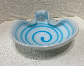 Murano Glass Style White and Turquoise Swirled Art Glass Bowl Hand Blown Pulled Glass