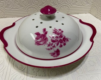 T & V Limoges Raspberry Rose Round Butter Dish with Lid