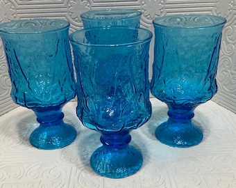 4 Anchor Hocking Blue Rain Flower Footed Tumblers