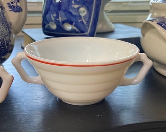 2 Red Striped Hazel Atlas Moderntone White Platonite Double Handled Soup Bowls