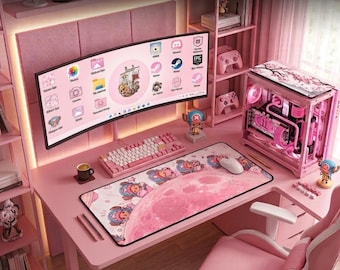 Cute One Pink Piece Anime Reindeer Desk Mat - Kawaii Gaming Mousepad - Aesthetic Pastel Cherry Blossom Keyboard Pad - Manga Desk Setup