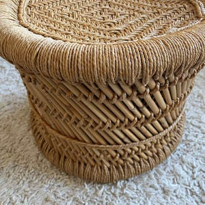 Vintage round bamboo and jute round spiraled stool or table