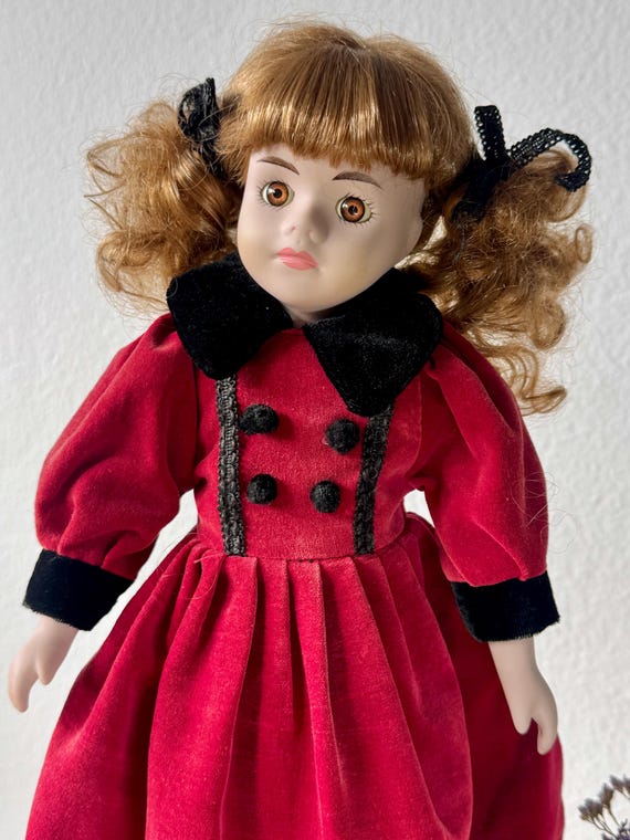 Vintage Porcelain Doll  Red Velvet Dress, Victorian Collectible with Stand