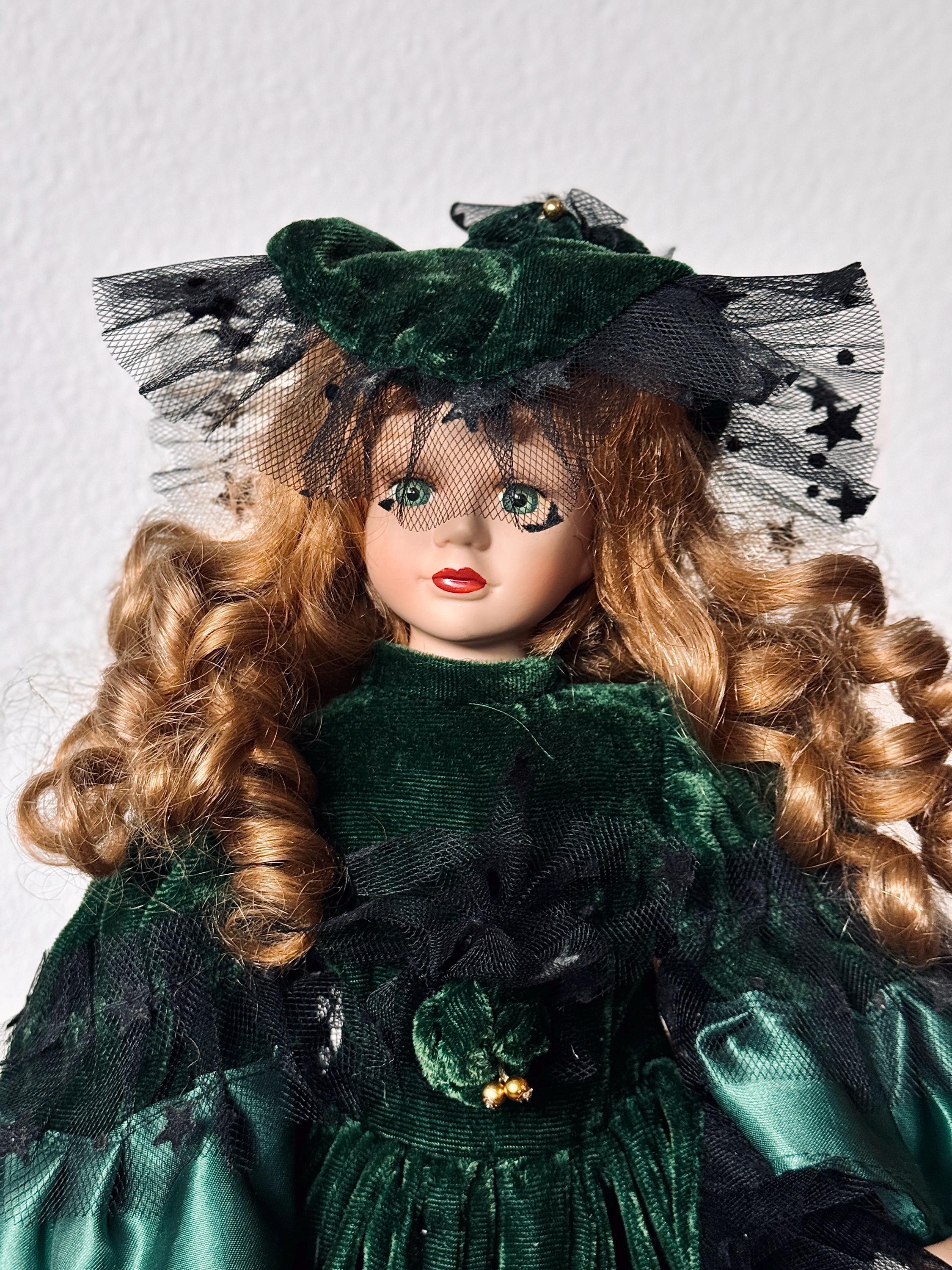 porcelain doll green velvet dress Victorian style porcelain doll w/ green velvet dress Classic Treasures Isabella