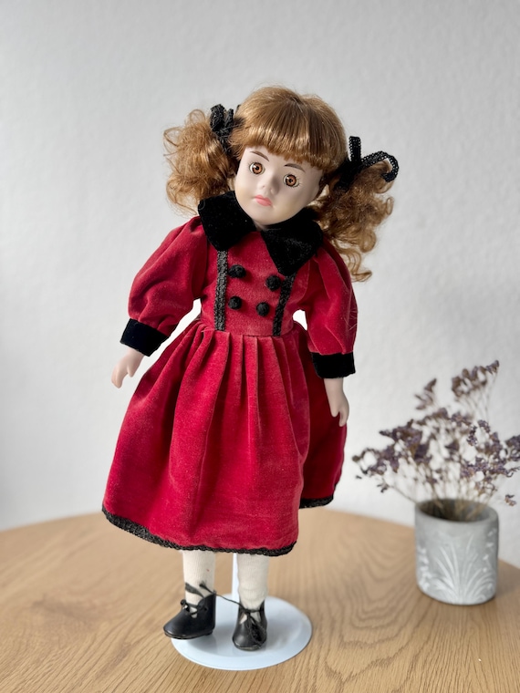 porcelain doll red dress Vintage – Velvet Dress, Victorian Collectible with Stand Porcelain Doll in Red 1870's