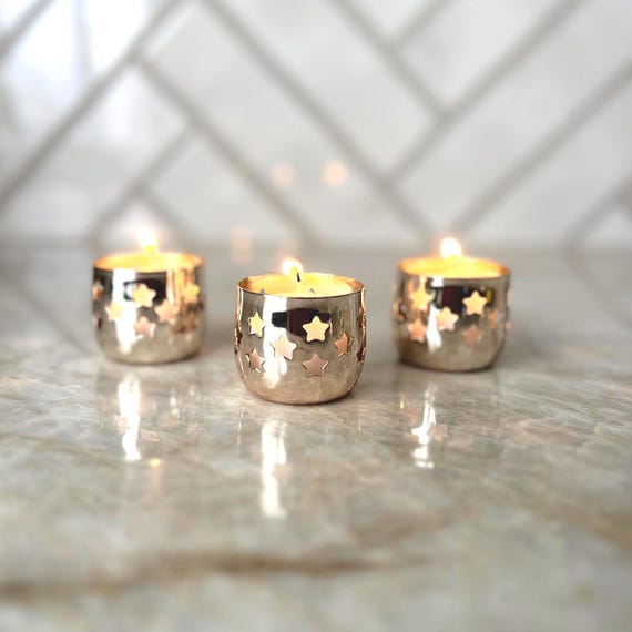 Silver-Plated Star Tea Light Holders | Vintage Celestial Candle Cups Trio | Festive Holiday Decor | Cozy Winter Glow |