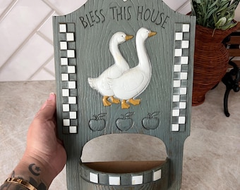 Vintage 1988 Goose Wall Pocket Planter | Home Interiors Burwood Decor | Grannycore Cottage Wall Hanging | Bless This House Sign