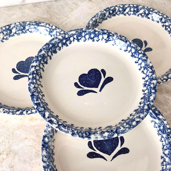 Set of 4 Culinary Arts Stoneware Dinner Plates – Blue Heart Spongeware, 10” Rustic Farmhouse Dishes, Cottagecore Vintage Stoneware