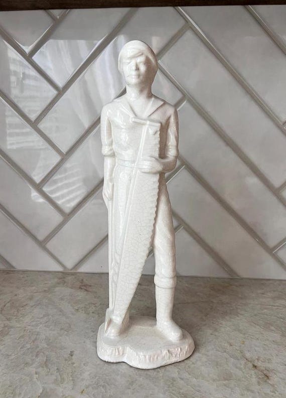 Vintage Ceramic Lumberjack Figurine – Rustic White Crackle Glaze Statue Holding Two-Man Saw