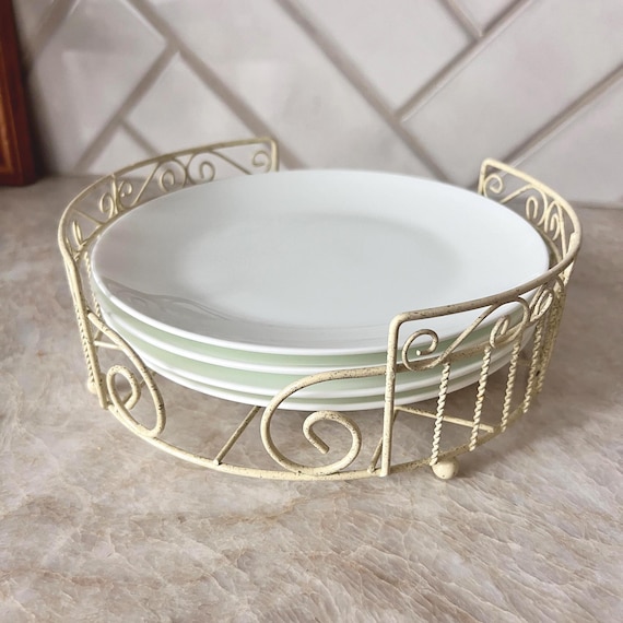 Vintage Plate Rack w/ 4 Matching Plates – Cream Wrought Iron Scroll Design – 8” Diameter | French Fountry, Cottagecore Home Accents & Decor
