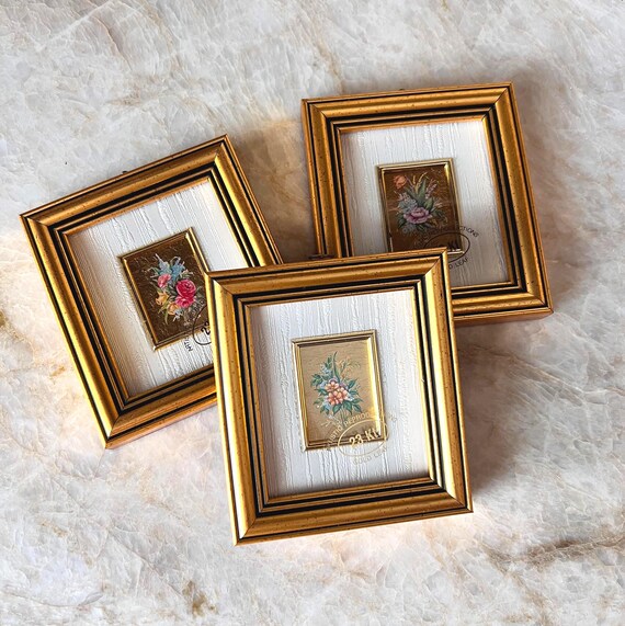 3 Framed Miniature Floral Paintings with 23K Gold Leaf | Vintage Art Decor | Certified Gold Gilded Artwork | Elegant Ornate Frames | Italy