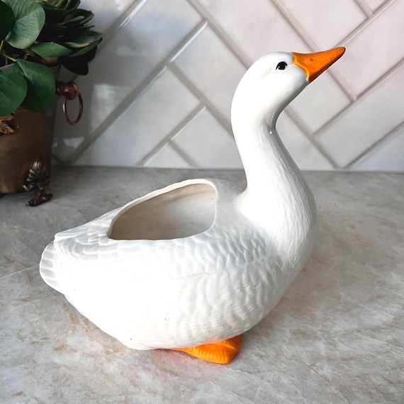 Vintage Ceramic Goose Planter | White Duck Planter with Orange Beak | 1980s Farmhouse Cottagecore Animal Pottery Vase | Country Decor
