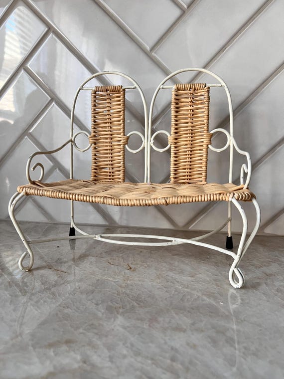 Vintage Doll-Sized Wicker and White Wire Bench – Miniature Furniture with Black Rubber Foot Pads